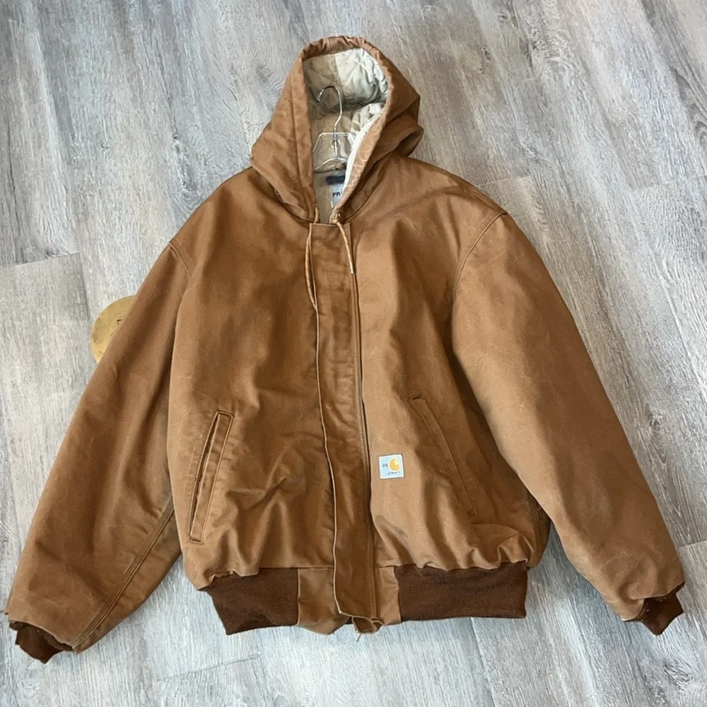 Carhartt tan flame retardant hooded work utility barn full zip jacket coat XXL